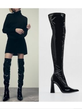 Zara Black Patent Over-the-Knee Block Heel Boots